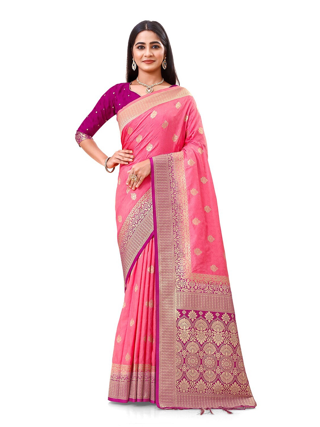 

elora Ethnic Motifs Zari Silk Blend Banarasi Saree, Pink