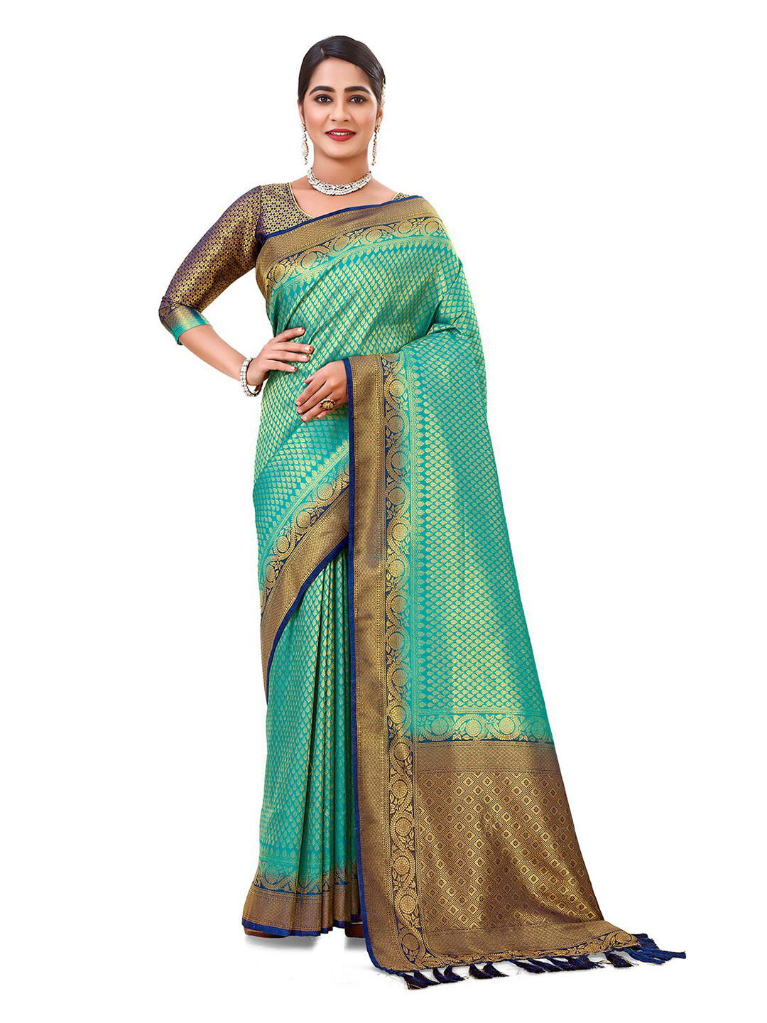 

elora Ethnic Motifs Zari Silk Blend Kanjeevaram Saree, Green