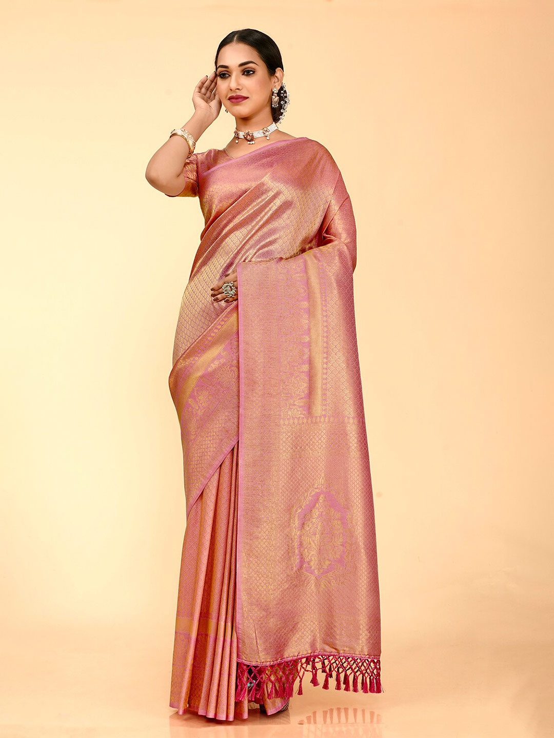 

elora Woven Design Zari Kanjeevaram Saree, Pink