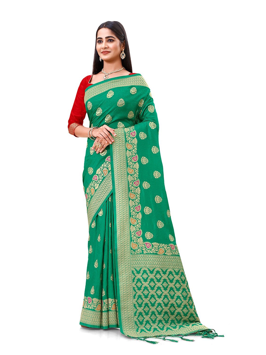 

elora Woven Design Zari Silk Blend Banarasi Saree, Green