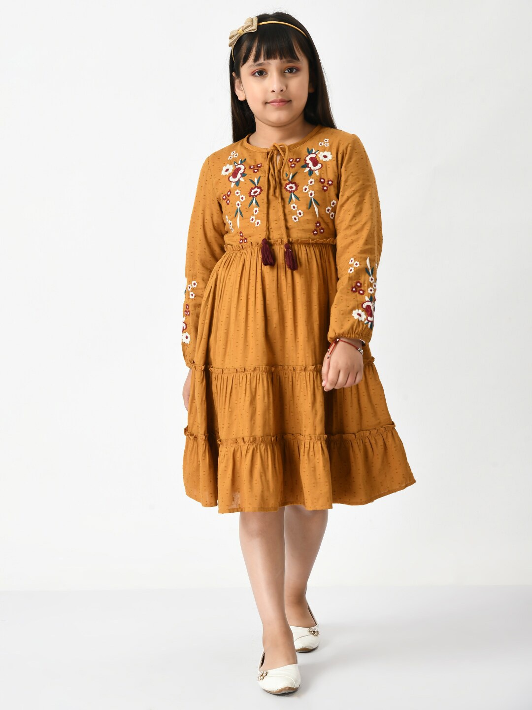 

Bella Moda Embroidered Tie-Up Neck Cotton Dress, Mustard