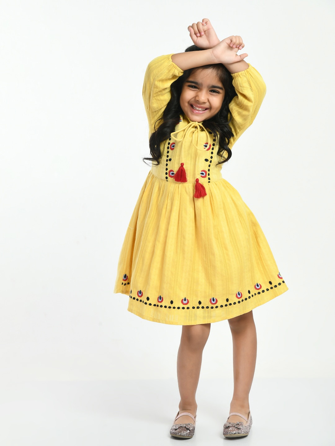 

Bella Moda Ethnic Motifs Embroidered Fit & Flare Tie-Up Neck Cotton Dress, Yellow