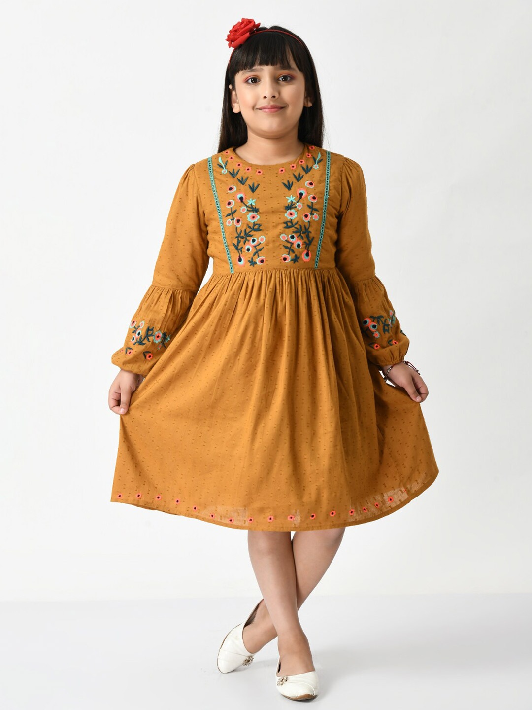 

Bella Moda Girls Floral Embroidered A-Line Dress, Mustard