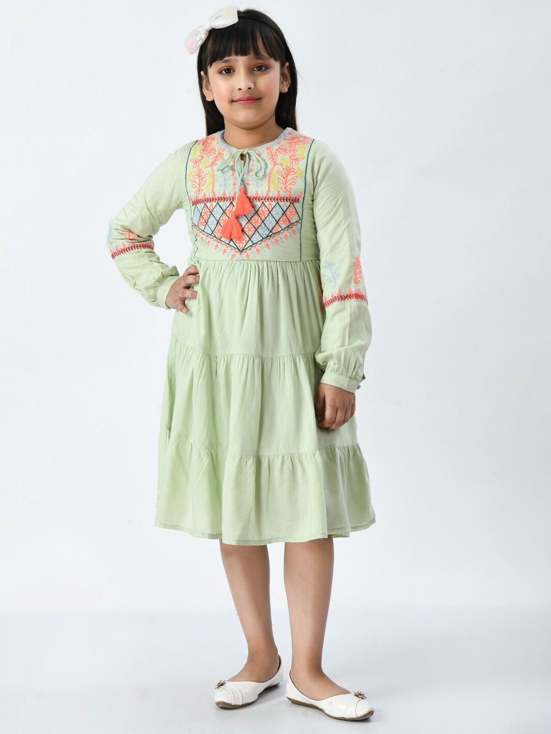 

Bella Moda Floral Embroidered Tie-Up Neck A-Line Midi Dress, Green