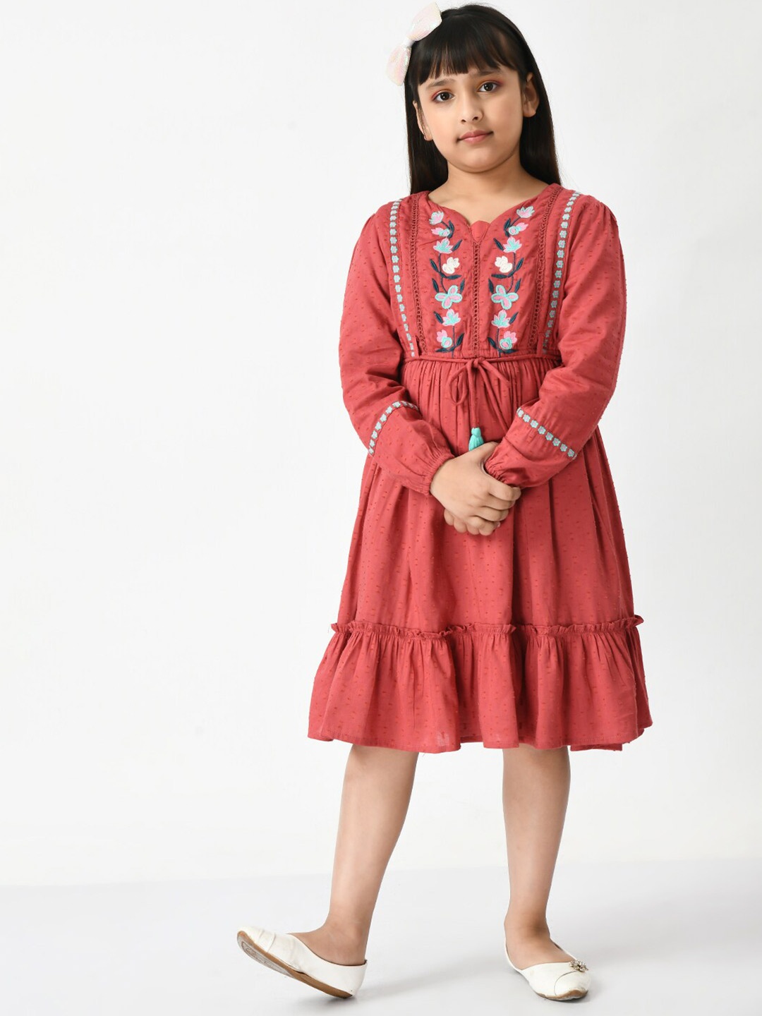 

Bella Moda Floral Embroidered Tie-Up Neck A-Line Midi Dress, Rust