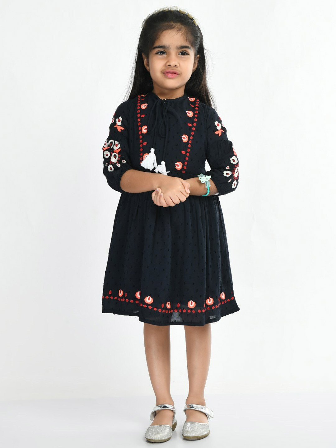 

Bella Moda Girls Floral Embroidered Dress, Navy blue