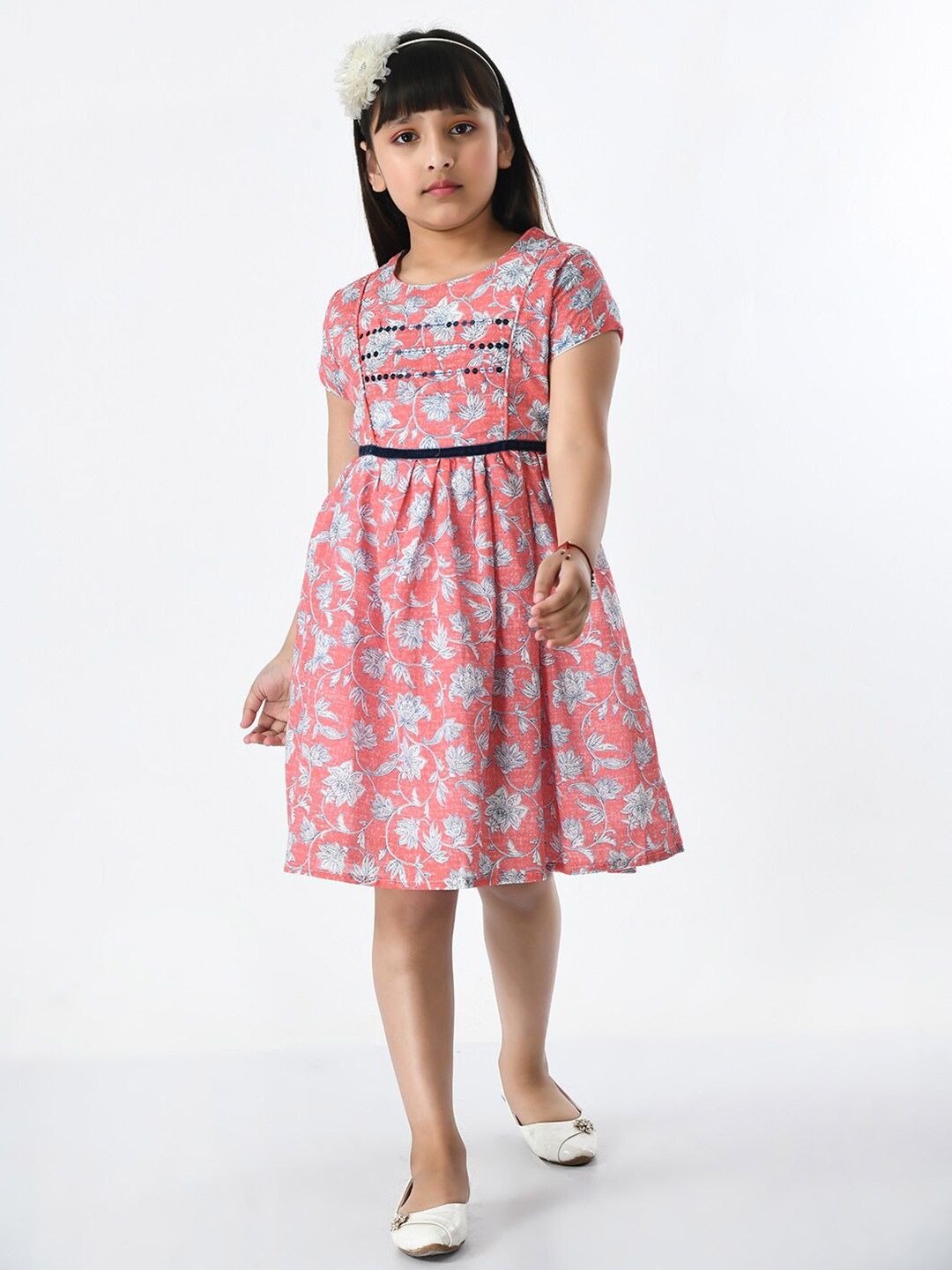 

Bella Moda Girls Round Neck Floral Printed Cotton Dress, Pink