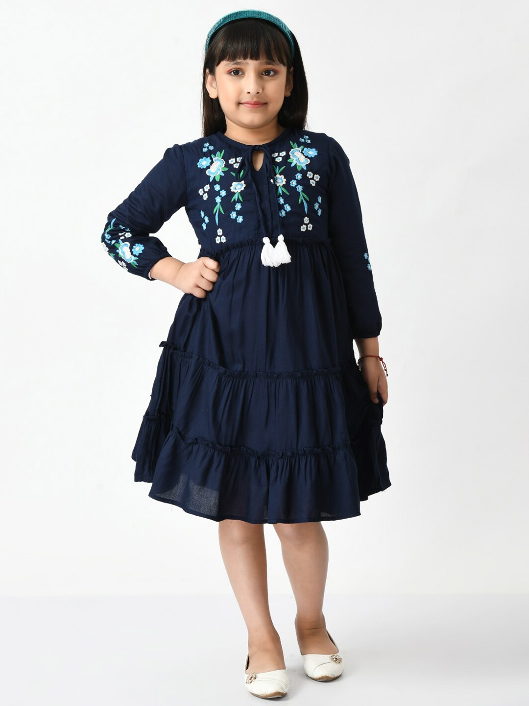 

Bella Moda Girls Round Neck Tie-Up Embroidery Fit & Flare Dress, Navy blue
