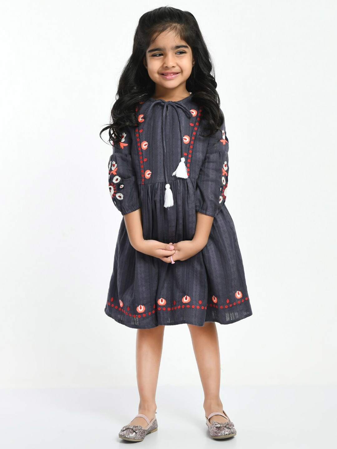 

Bella Moda Tie-Up Neck Embroidery Fit & Flare Dress, Grey
