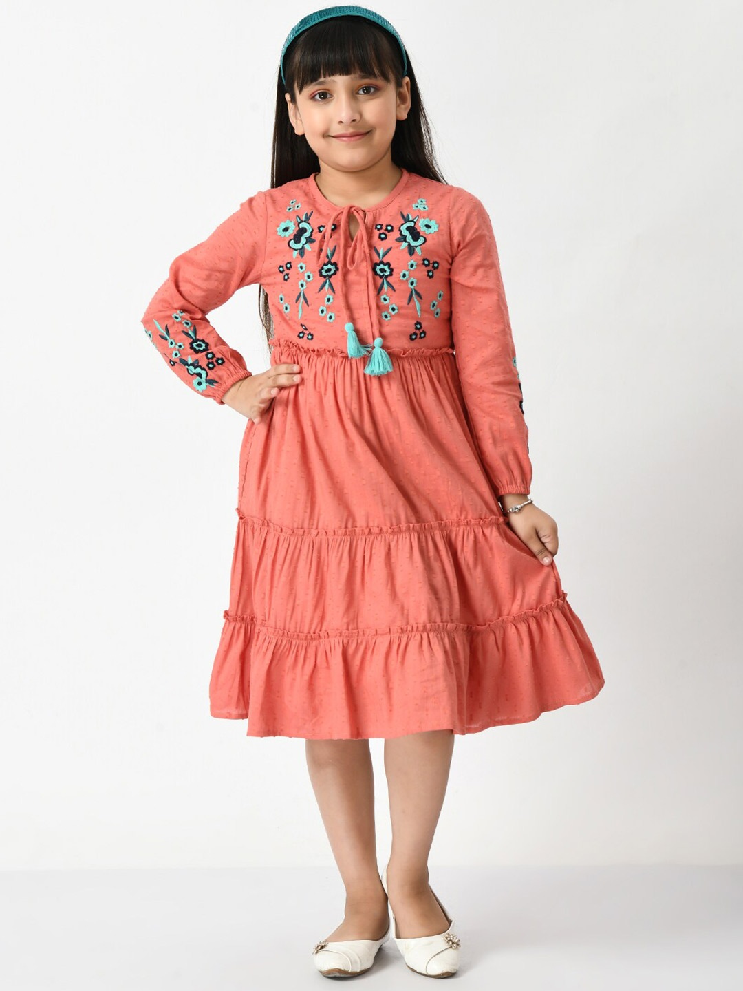 

Bella Moda Floral Embroidered Tie-Up Neck Cotton Dress, Peach