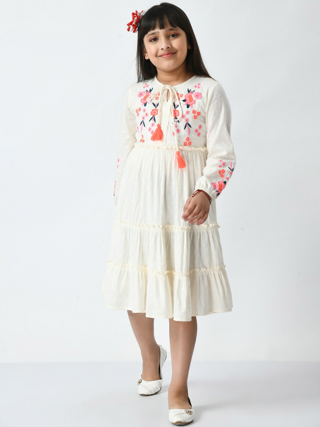 

Bella Moda Floral Embroidered Tie-Up Neck Midi Cotton Dress, White