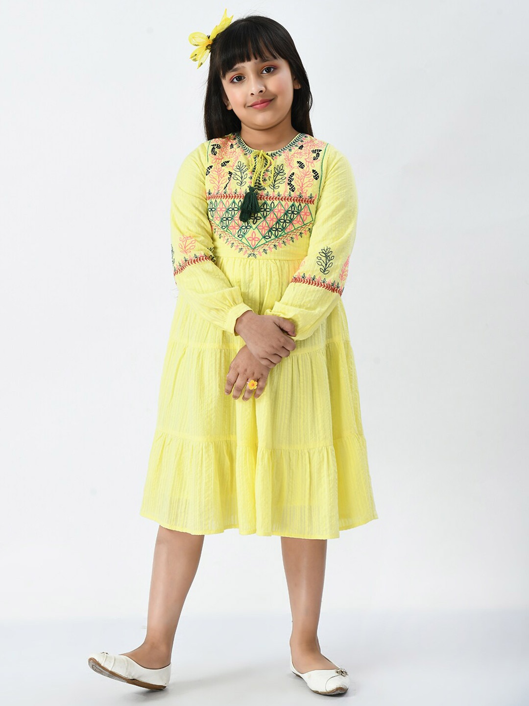 

Bella Moda Floral Embroidered Tie-Up Neck Cotton Dress, Yellow