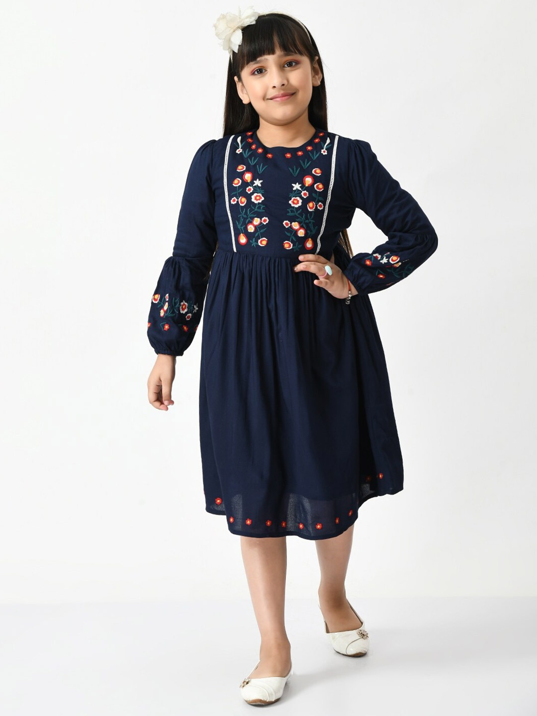 

Bella Moda Floral Embroidered Midi Cotton Dress, Navy blue