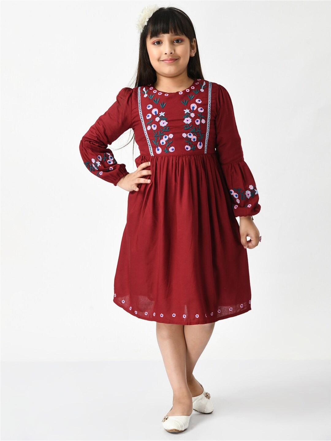 

Bella Moda Floral Embroidered A-Line Cotton Dress, Maroon