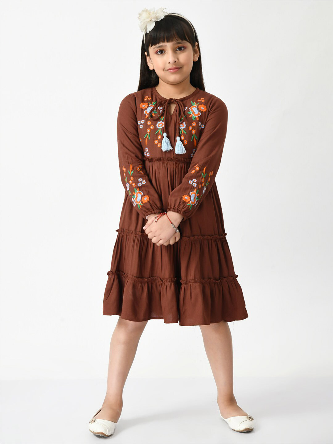 

Bella Moda Girls Floral Embroidered Tie-Up Neck Pure Cotton Fit and Flare Dress, Brown