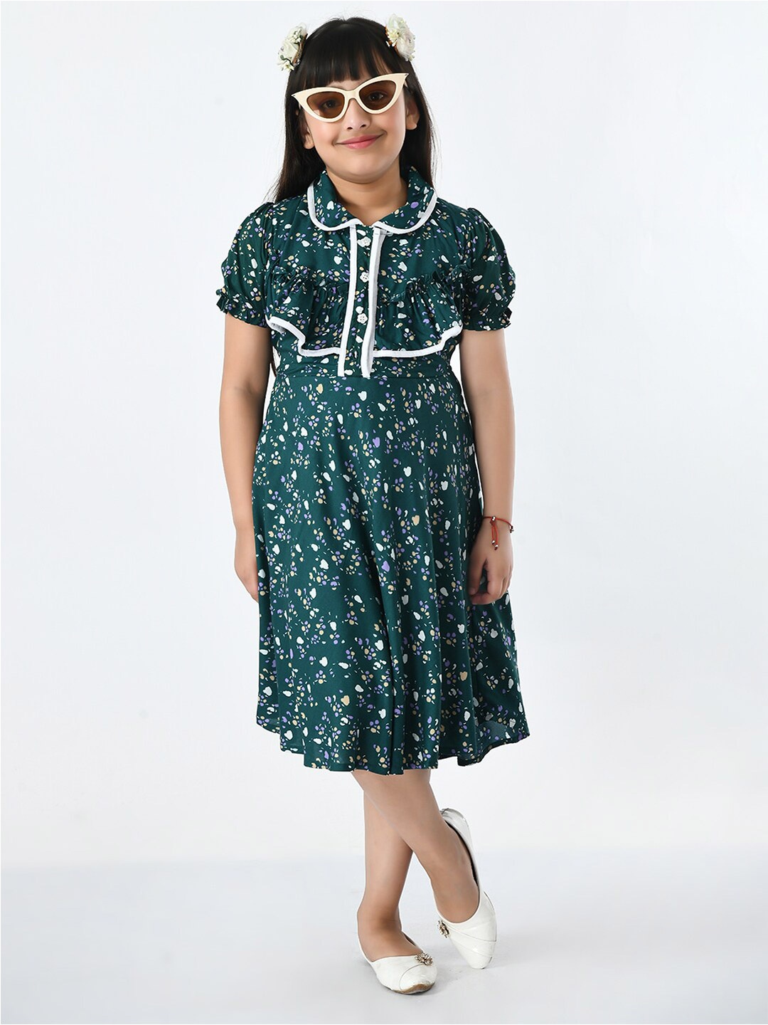 

Bella Moda Girls Printed Shirt Midi Cotton Dress, Green