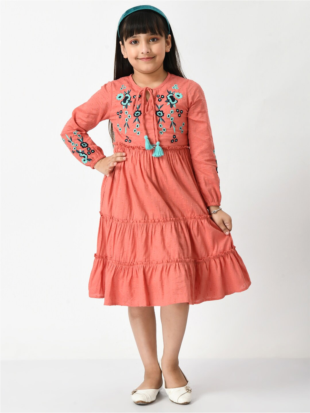 

Bella Moda Floral Embroidered Tie-Up Neck Cotton Dress, Peach
