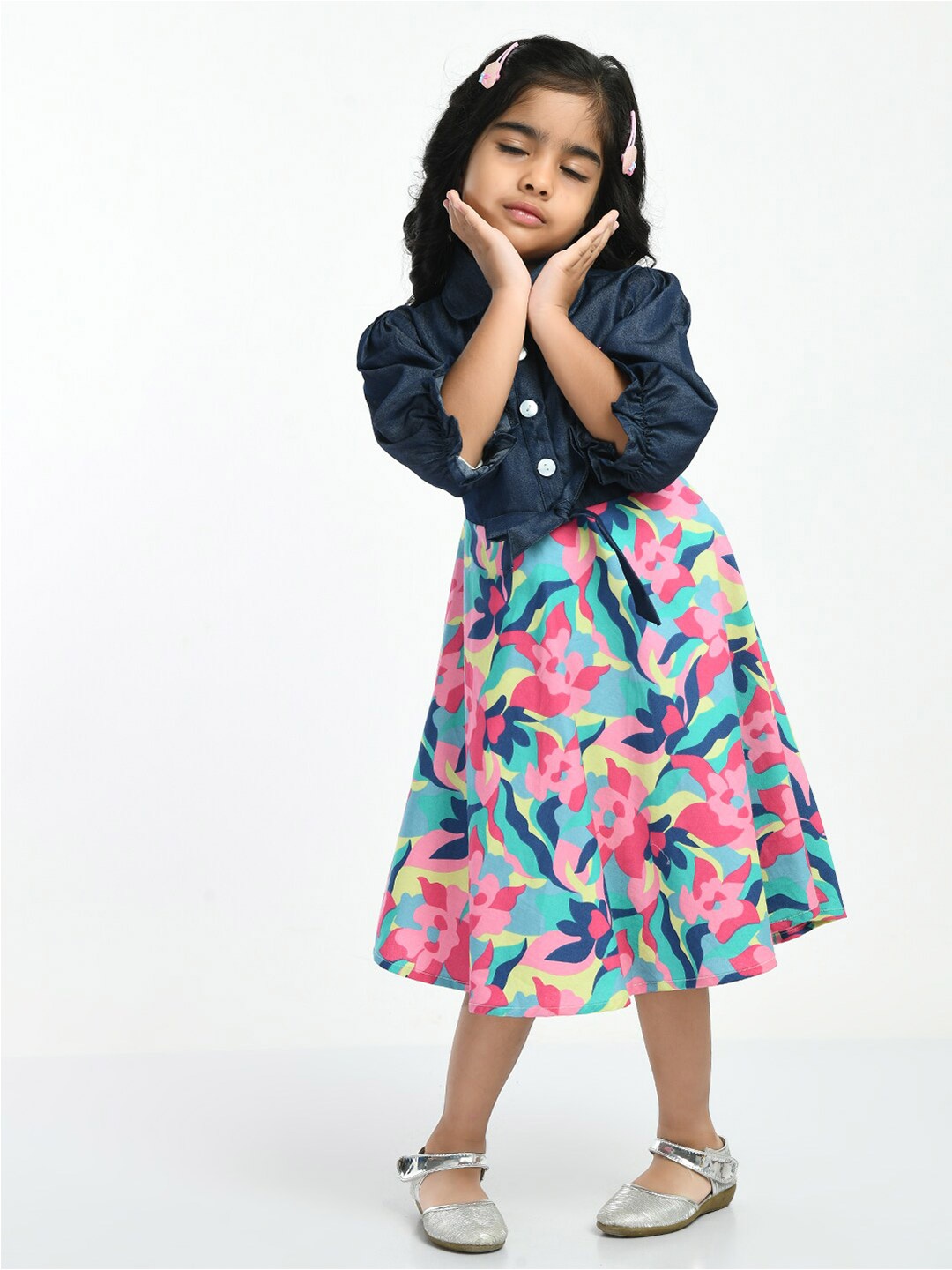 

Bella Moda Girls Abstract Printed Fit And Flare Pure Cotton Dress, Navy blue