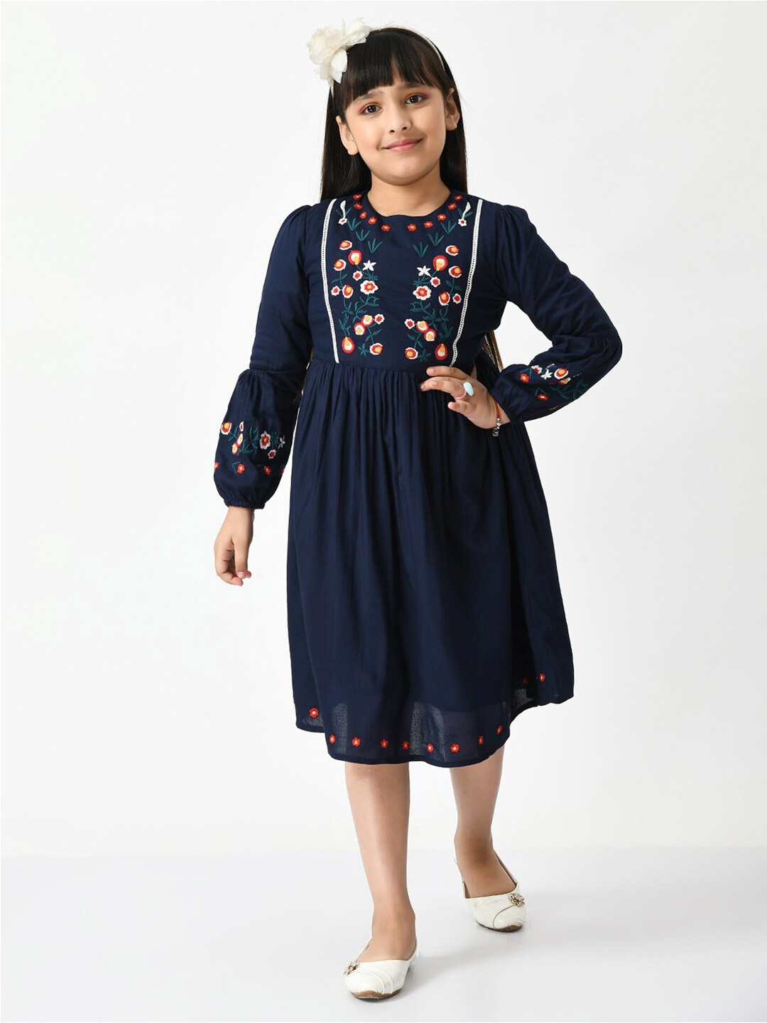 

Bella Moda Cotton Floral Embroidered Midi Dress, Navy blue