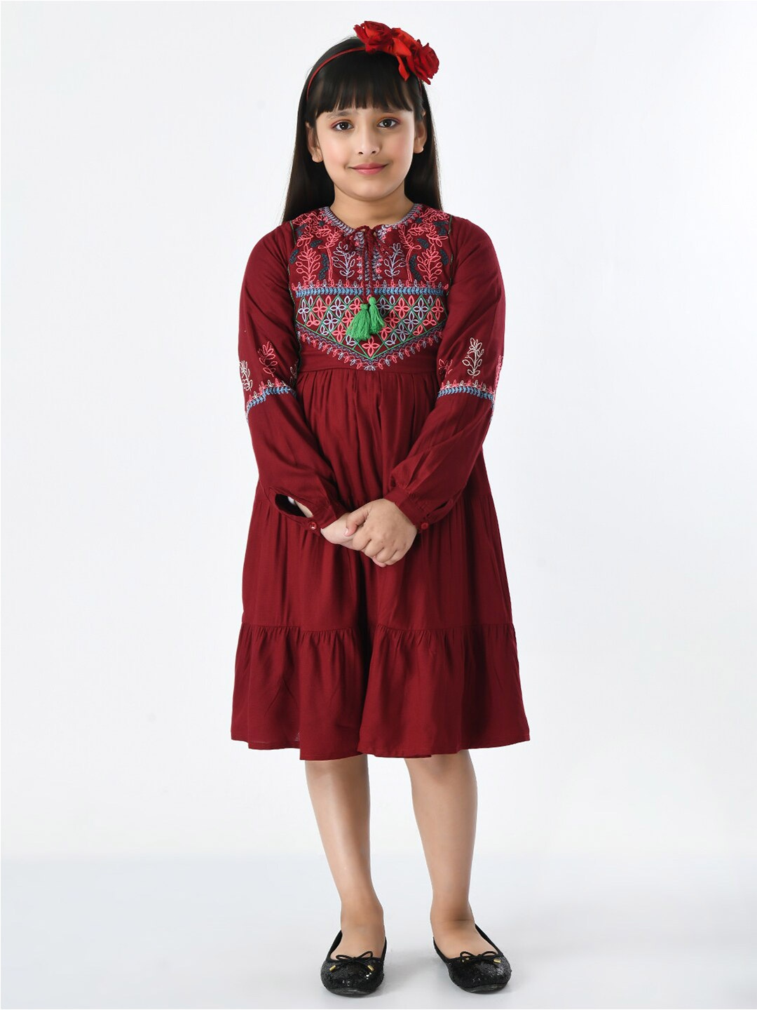 

Bella Moda Cotton Floral Embroidered A-Line Midi Dress, Maroon
