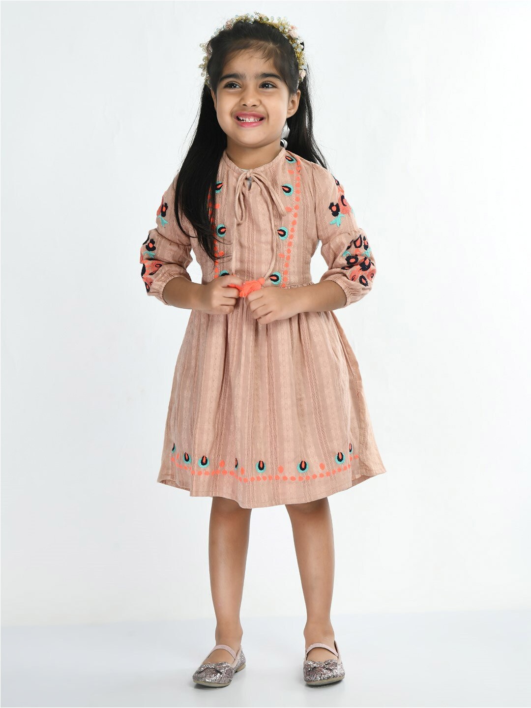 

Bella Moda Girls Ethnic Motifs Embroidered Tie-Up Neck Pure Cotton Dress, Peach