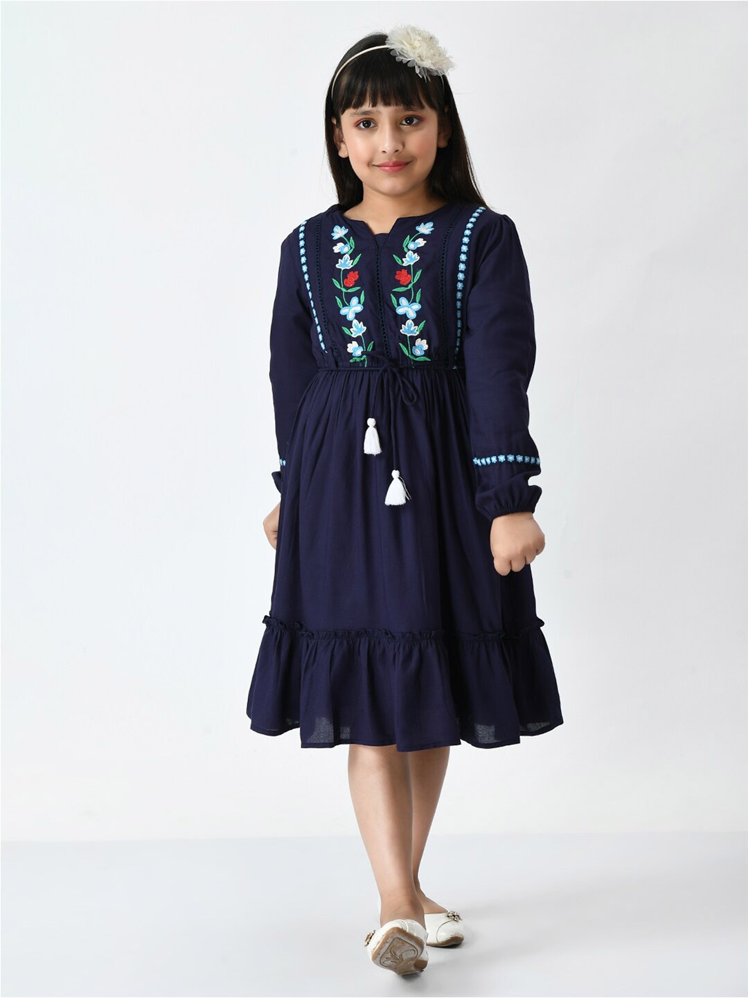 

Bella Moda Floral Embroidered Tie-Up Neck Midi Cotton Dress, Navy blue