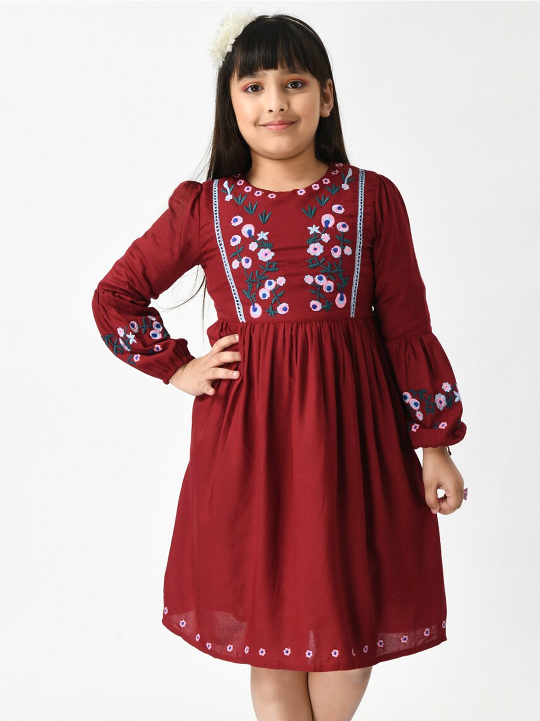

Bella Moda Floral Embroidered Cotton Dress, Maroon