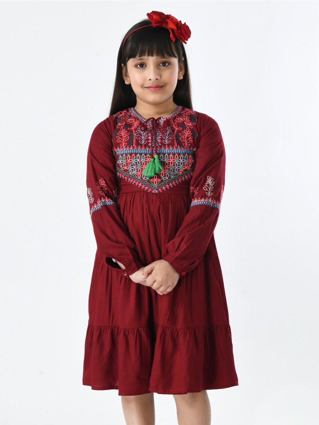

Bella Moda Tie-Up Neck Embroidery Fit & Flare Cotton Dress, Maroon