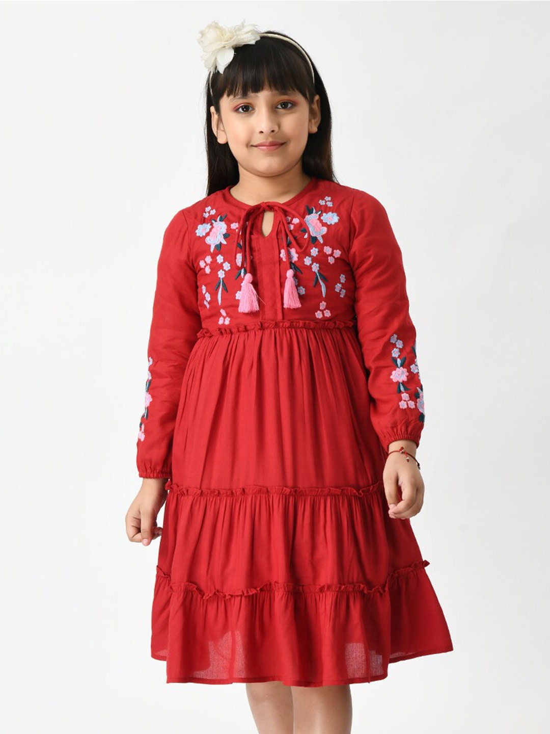 

Bella Moda Tie-Up Neck Embroidery Fit & Flare Cotton Dress, Red