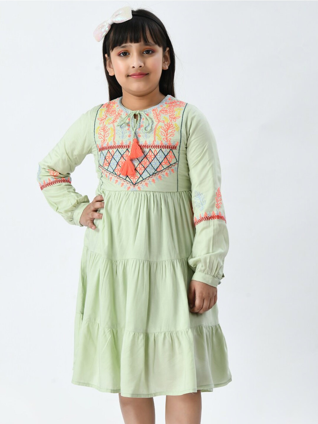 

Bella Moda Ethnic Motifs Embroidery Tie-Up Neck Midi Dress, Green