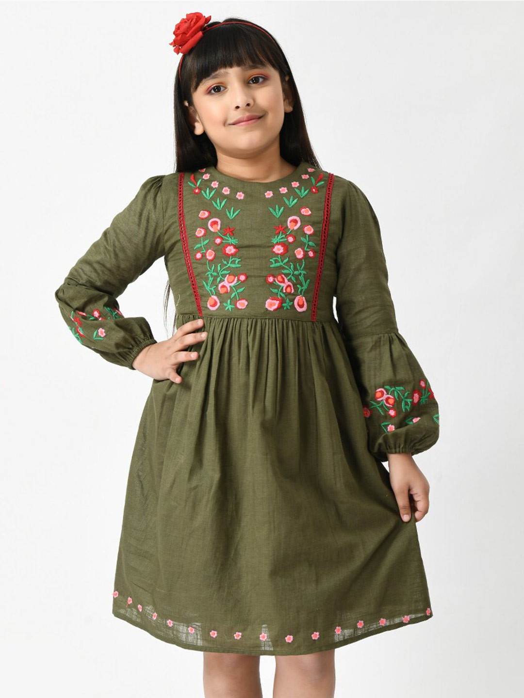 

Bella Moda Round Neck Fit & Flare Floral Embroidered Dress, Green
