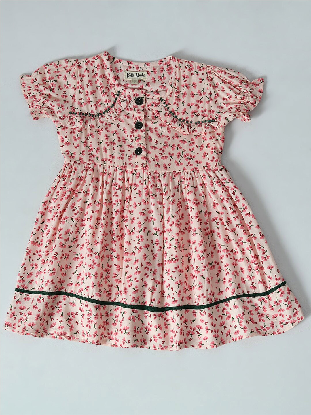 

Bella Moda Round Neck Fit & Flare Floral Printed Cotton Dress, Peach