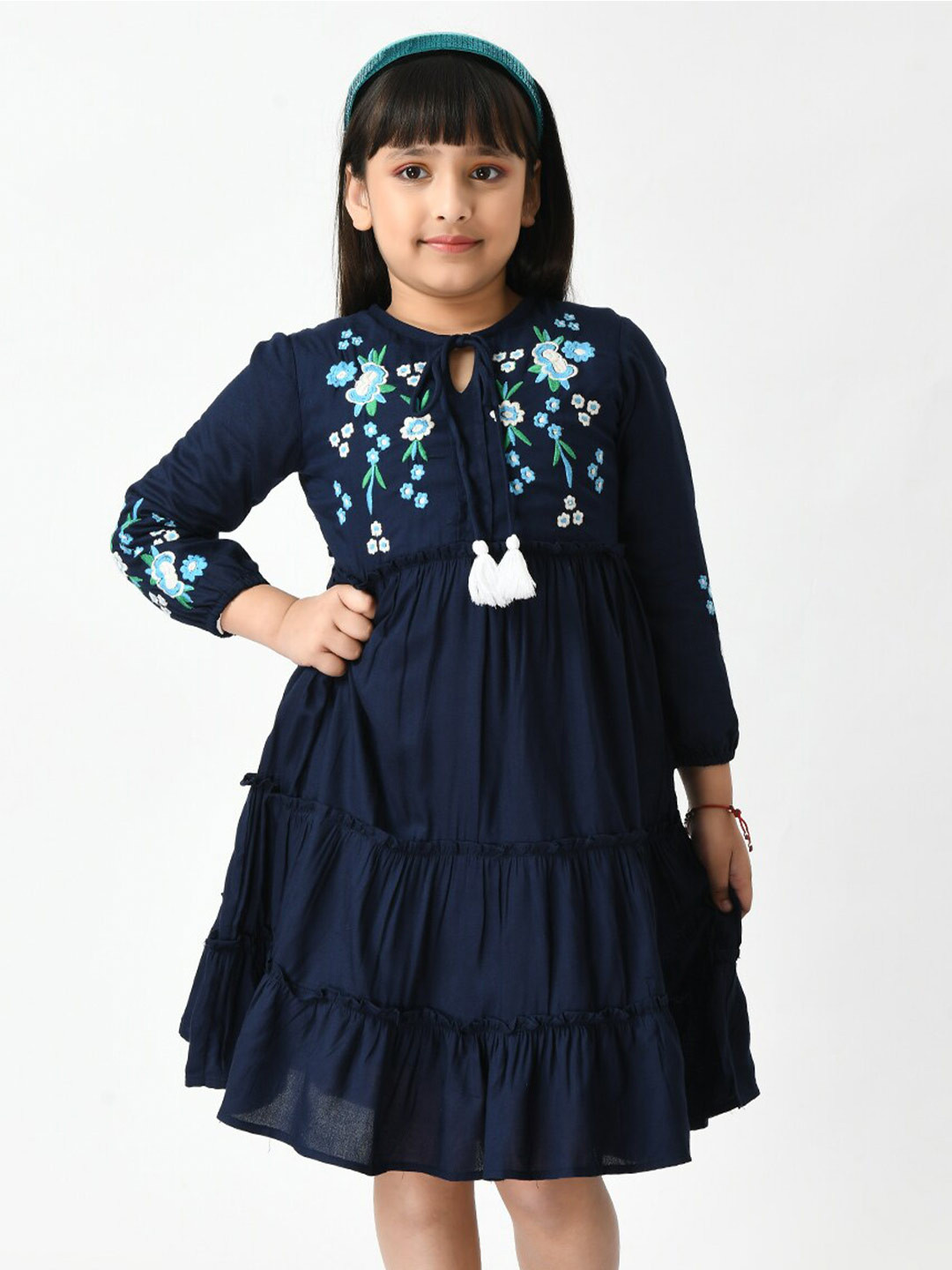 

Bella Moda Tie-Up Neck Fit & Flare Floral Embroidered Dress, Navy blue