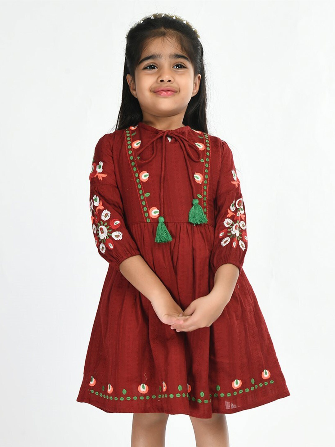 

Bella Moda Girls Floral Embroidered Tie-Up Neck Dress, Maroon