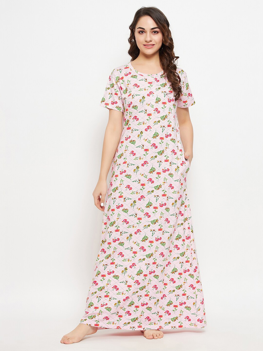 

Clovia Printed Cotton Maxi Nightdress, Pink