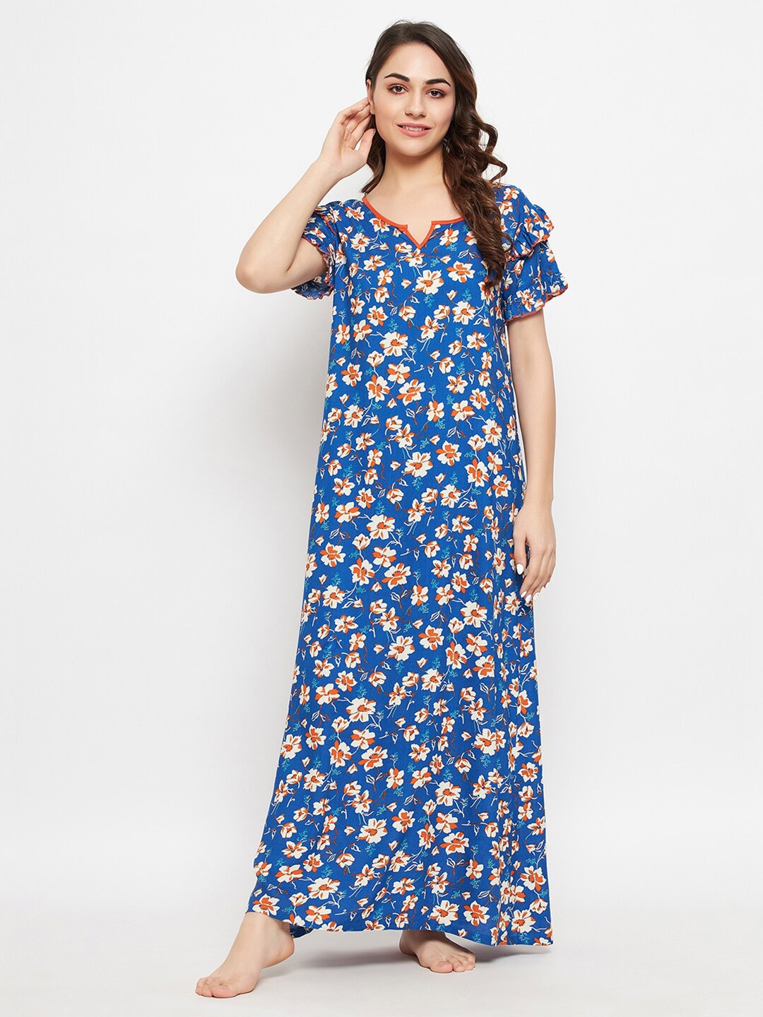 

Clovia Blue Printed Cotton Maxi Nightdress