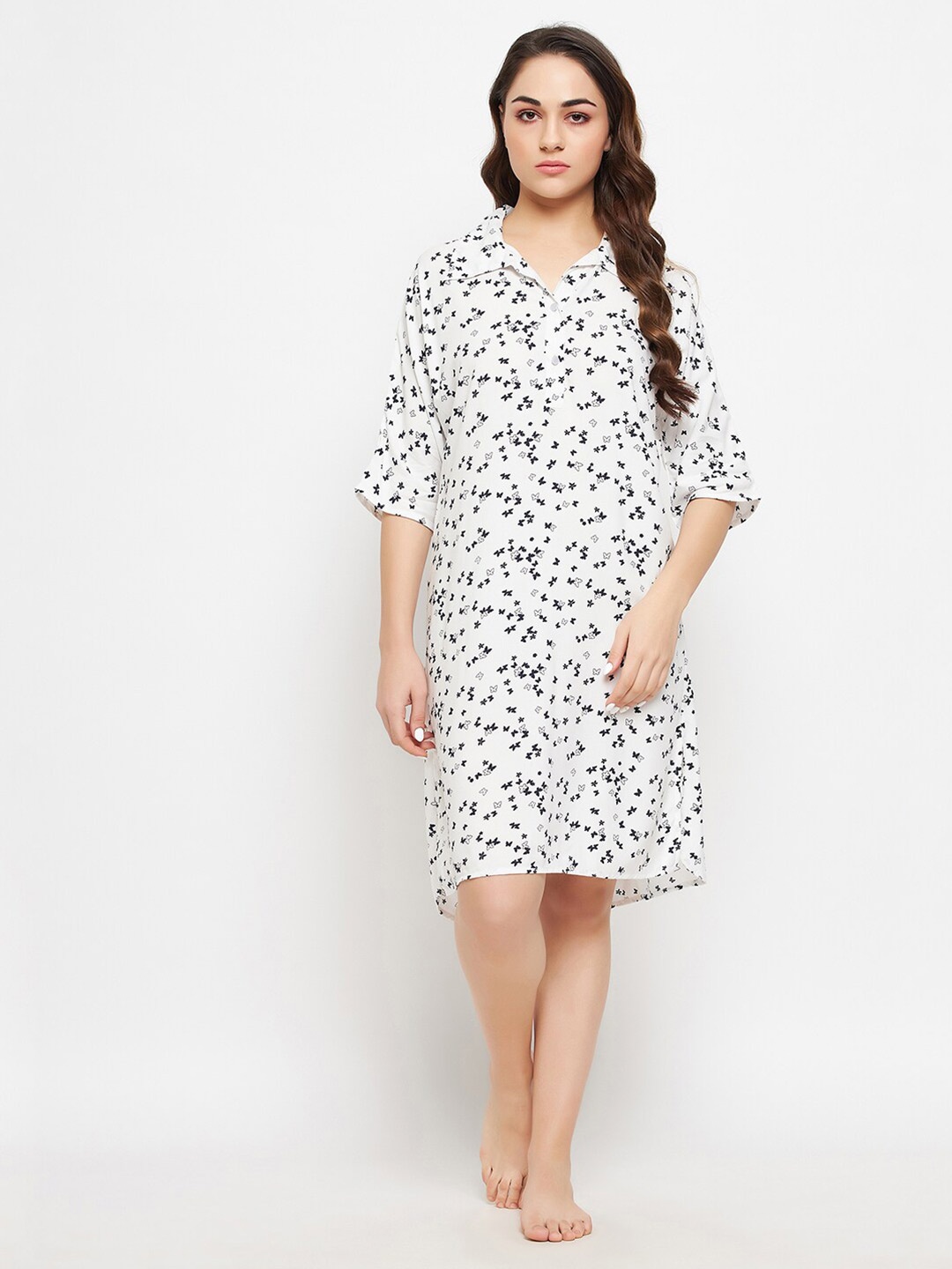 

Clovia White Butterfly Printed Shirt Nightdress