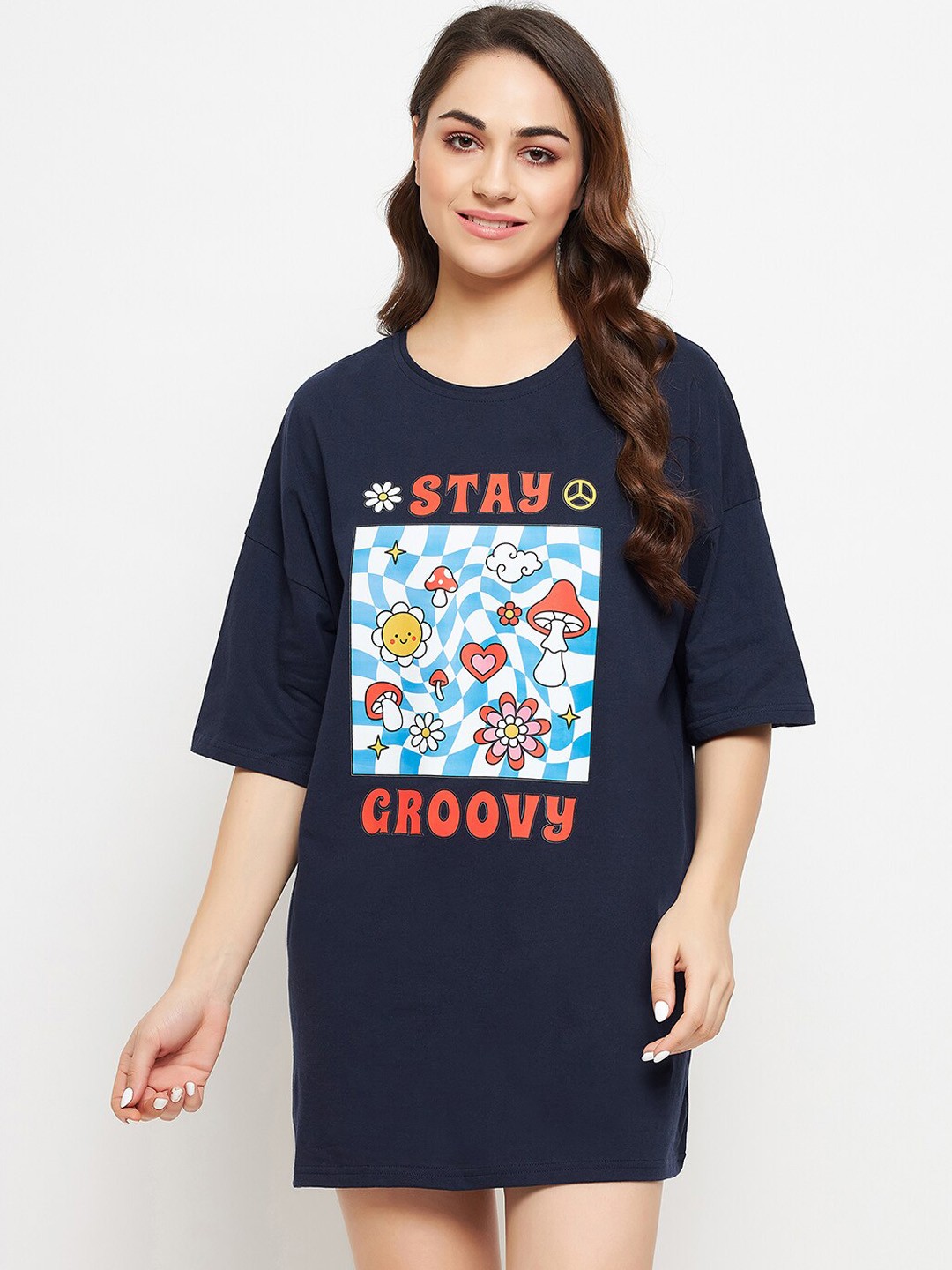 

Clovia Text & Graphic Print Oversized T-shirt, Blue