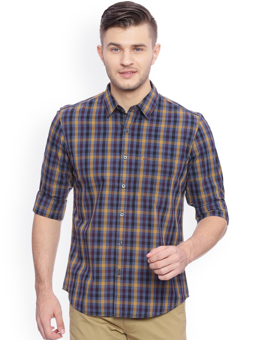 

Basics Men Blue & Beige Slim Fit Checked Casual Shirt