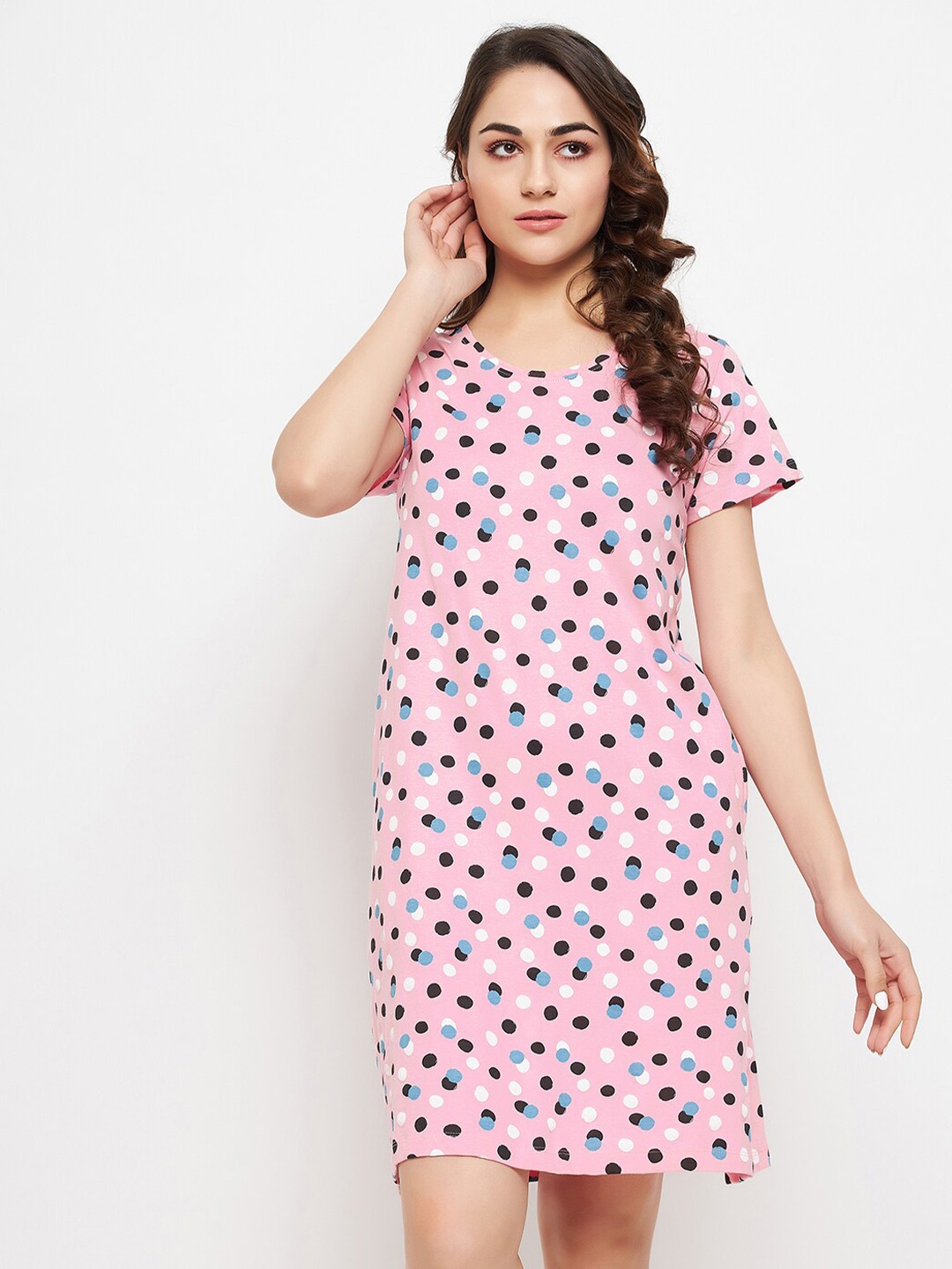 

Clovia Dot Print Pure Cotton Nightdress, Pink