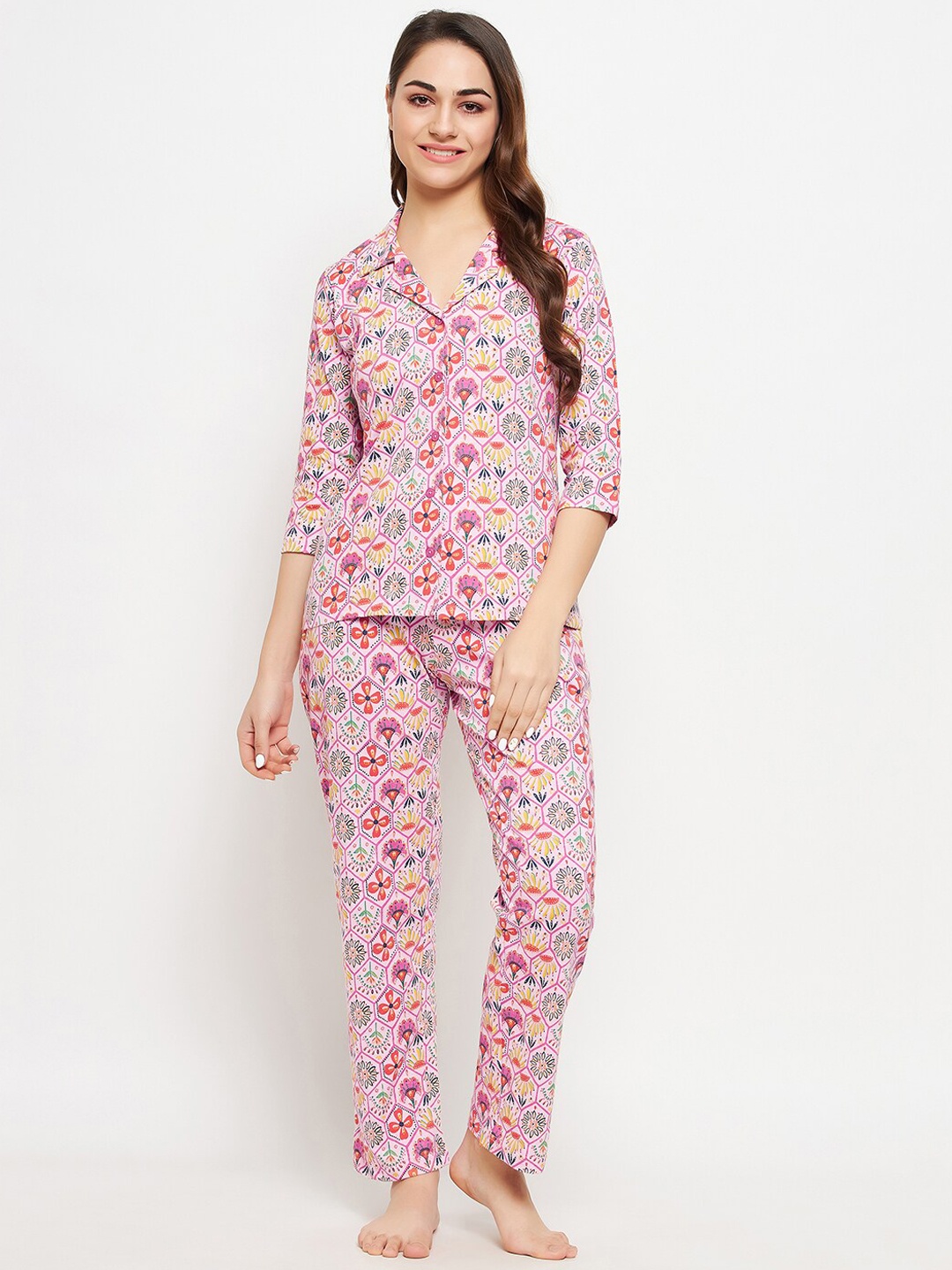 

Clovia Cotton Printed Shirt & Pyjama Set, Pink