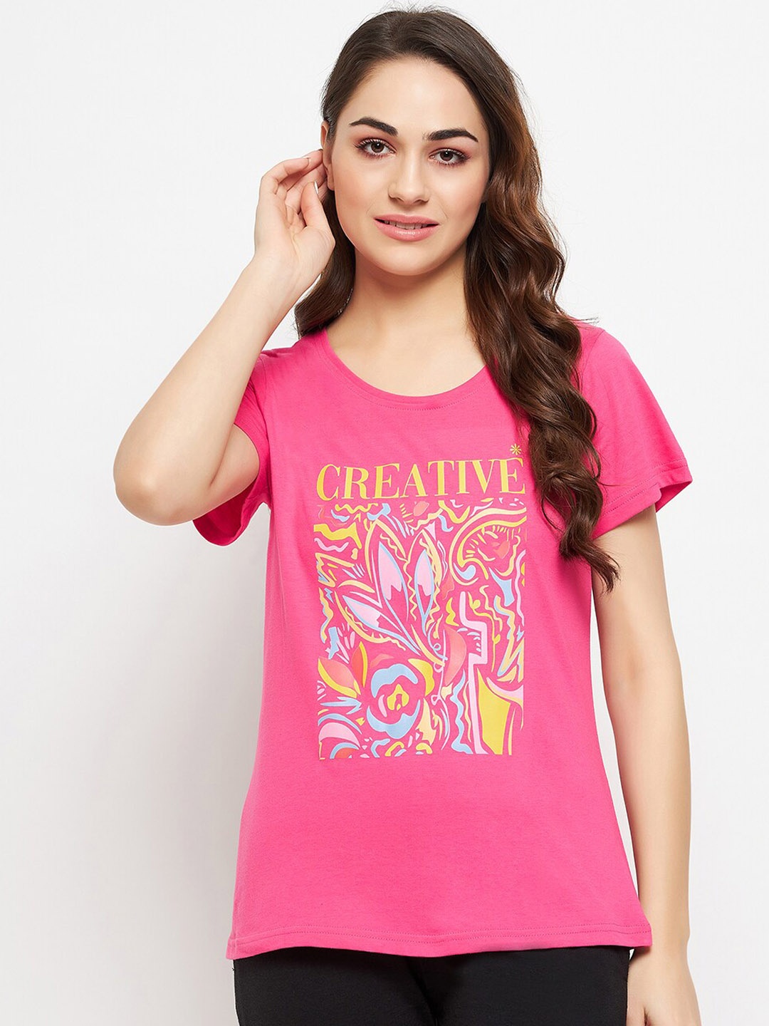 

Clovia Women Printed Pure Cotton Lounge T-Shirt, Pink