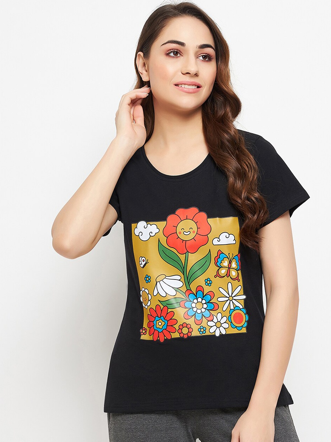 

Clovia Women Floral Print Pure Cotton Lounge T-shirt, Black