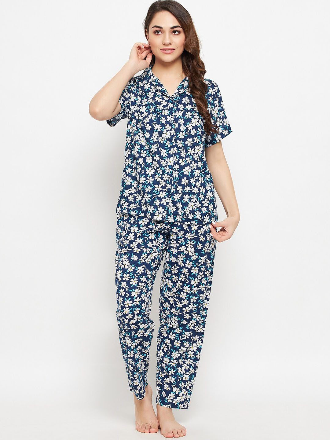 

Clovia Pretty Florals Rayon Button Down Shirt & Pyjama Night suit, Blue