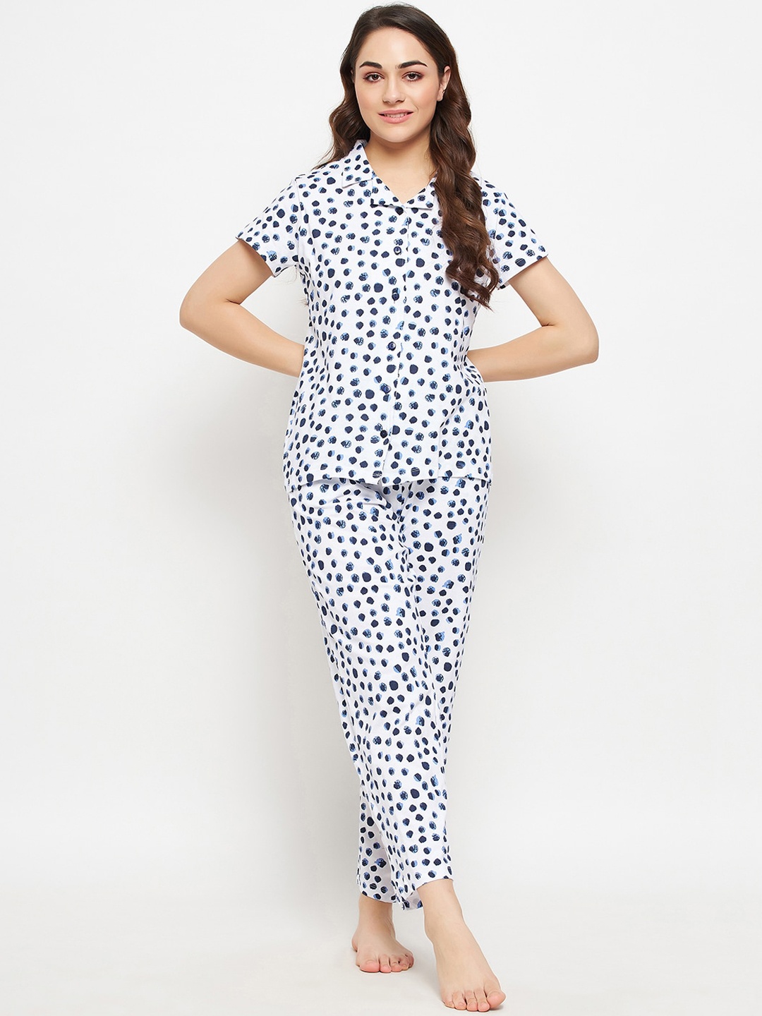 

Clovia Women Printed Cotton Shirt & Pyjama Night Suit, White