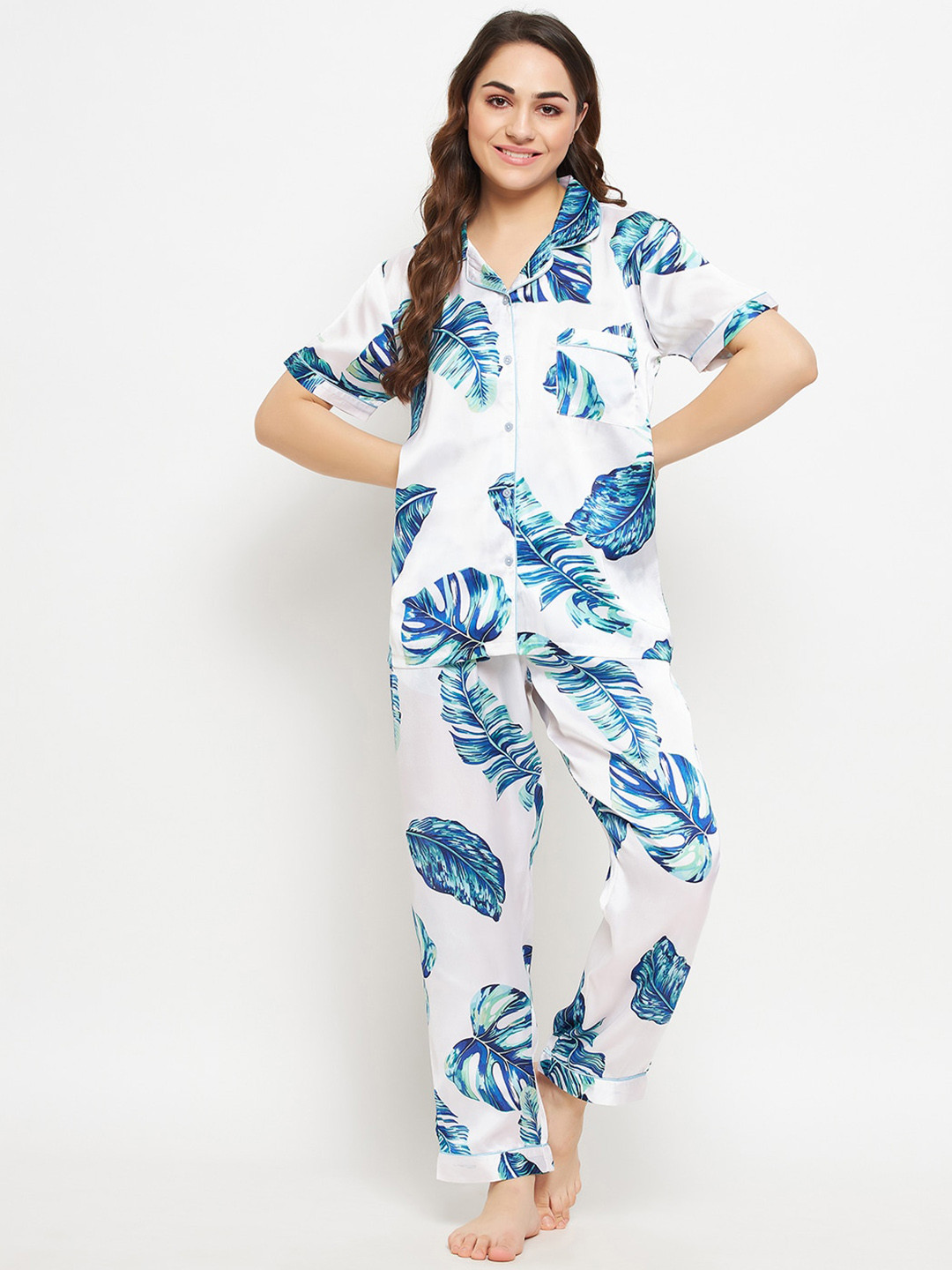 

Clovia Women Printed Satin Night suit, White