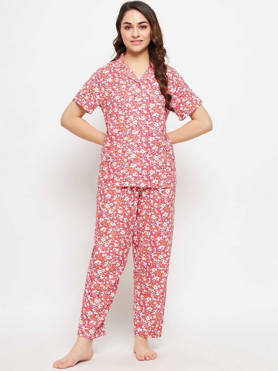 

Clovia Pretty Florals cButton Down Shirt with Pyjamas, Pink