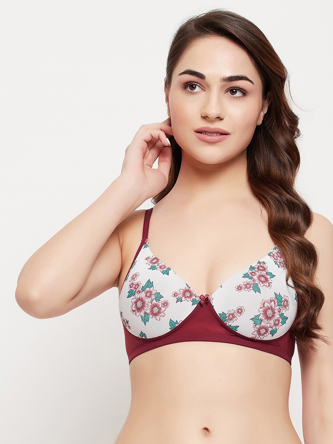 

Clovia Level 1 Push-Up Padded Non-Wired Demi Cup Floral Print T-shirt Bra, White