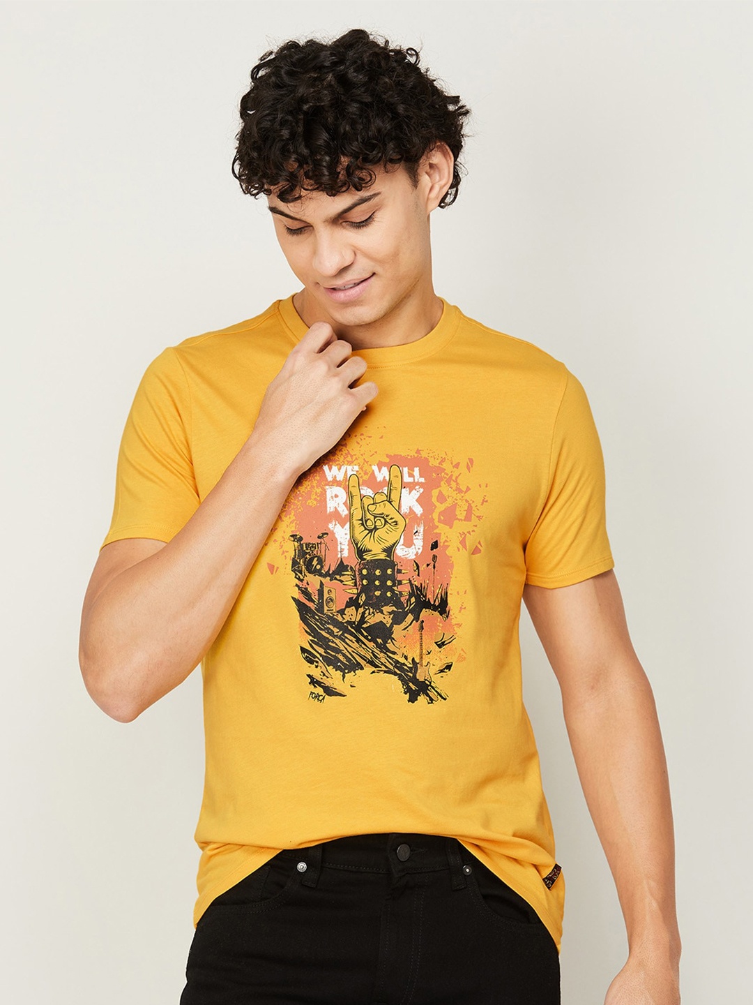 

Forca Men Graphic Printed Cotton T-shirt, Mustard