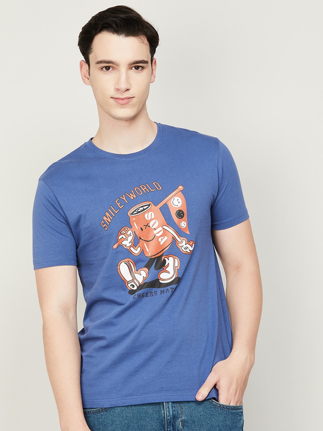 

SmileyWorld Men Graphic Printed Cotton T-shirt, Blue